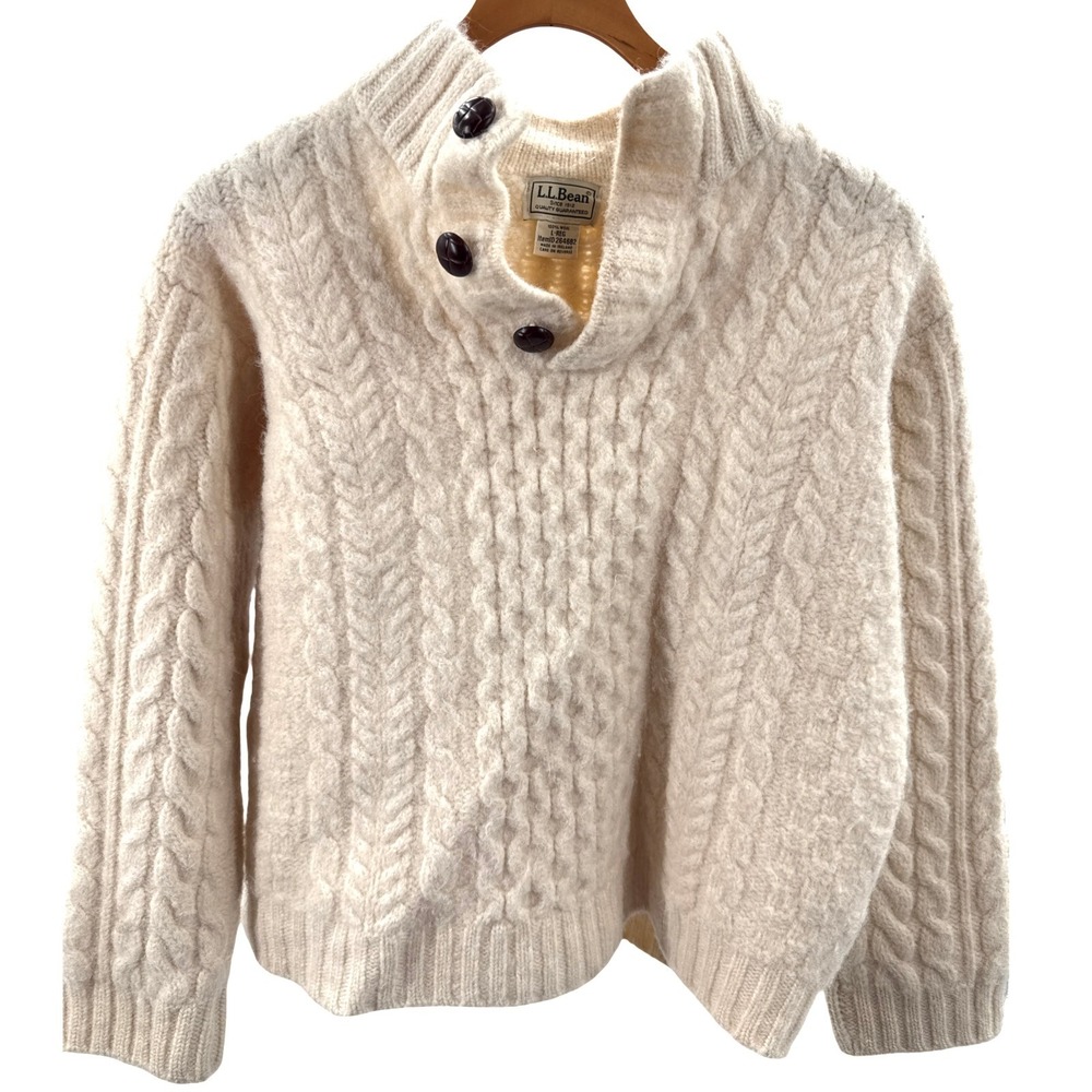 L.L.Bean Irish Fisherman Sweater Wool Cable Knit Ireland Cropped Cream L REG